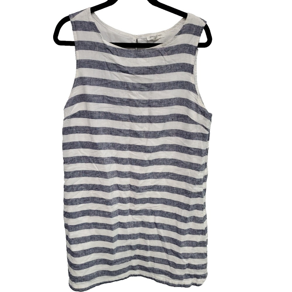 Beach‎ Lunch Lounge Dress XL Navy Striped Linen Cotton Sleeveless Lined Nautical